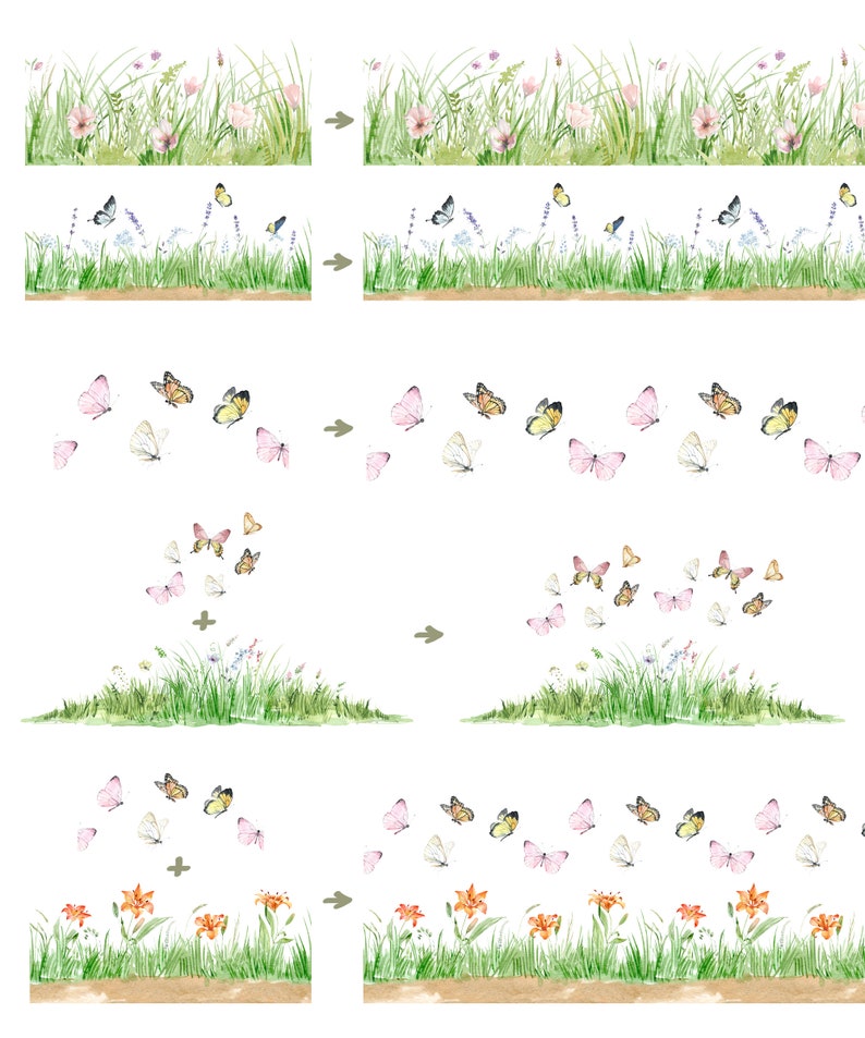 Nature clipart, wild grass clipart, grass borders seamless clipart, wild herb and meadow flowers, butterflies clipart image 4