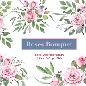 Rosa rosa acuarela flores cliparte. Blush Rose Floral Bouquets Clipart. Plantilla de gráficos nupciales imprimible. Arreglo Floral