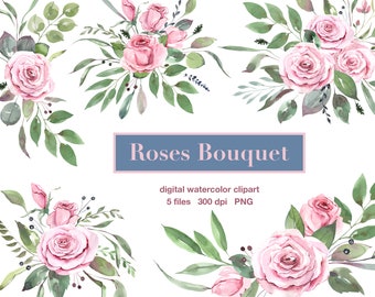 Pink Rose Watercolor Flowers Clipart. Blush Rose Floral Bouquets Clipart. Bridal Graphics Template Printable. Floral Arrangement