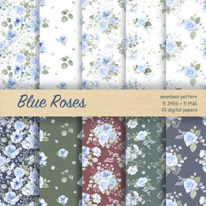 Blue roses seamless pattern. Dusty blue floral digital paper, Baby blue wedding clipart, watercolor roses digital paper, pattern for fabric