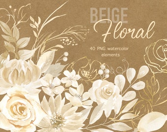 Watercolor Beige floral clipart. Neutral flowers and leaves PNG. Elegant Boho decor. Gold line floral art. Neutral wedding Bohemian flowers