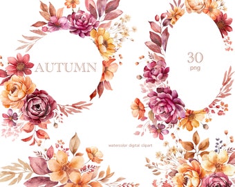 Clipart de flores de outono em aquarela, molduras florais de outono, buquês, flores, clipart de convite de casamento, PNG, download instantâneo,
