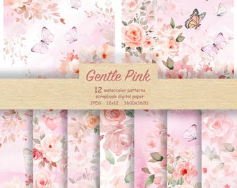 Carta digitale con rose acquerellate, motivi floreali per scrapbooking, clipart per matrimoni, motivo floreale rosa, download digitale