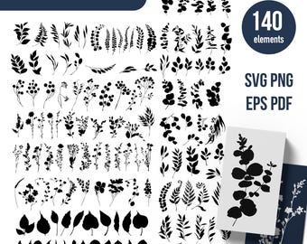 Hand Drawn Leaves, Branches, Flowers SVG. Botanical Clipart. Plant Svg Clipart. Floral Silhouette png pdf eps stencil.