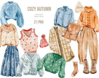 Suéteres de otoño de acuarela traje clipart, ropa de otoño acogedora, imágenes prediseñadas de moda de otoño, imágenes prediseñadas de suéteres, chaquetas de botas de suéteres, traje de otoño