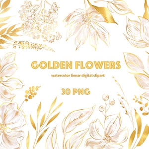 Witte en gouden aquarel bloemen clipart, gouden bladeren, gouden botanische clipart, hand-geïllustreerde bloemen clipart, bruiloft bloemen clipart