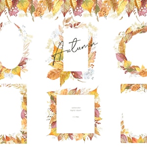 Clipart d'automne floral aquarelle. Couronne d'automne peinte à la main, logo de carte d'invitation de mariage d'automne PNG, feuilles d'automne, Clipart aquarelle préfabriquée