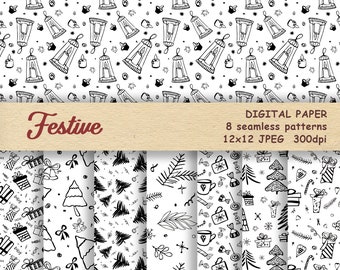 Doodle Christmas Paper, Christmas tree pattern, Digital holiday wrapper. Black and White Christmas Patterns. Digital Scrapbooking