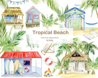 Akwarela, domek na plaży, clipart nadmorskiego domku w formacie PNG, letnie sceny z tropikalnej plaży, clipart palm w formacie PNG, akwarela, tropikalny domek nad oceanem