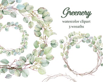 Watercolor Eucalyptus Wreath Clipart. Greenery wreath, leaf wreath clipart, eucalyptus leaves, wedding invitation