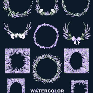 May include: A set of 11 watercolor lavender wreaths and frames. The frames and wreaths are in various shapes, including circles, squares, and ovals. The lavender flowers are a light purple color and the leaves are a light green color. The background is a dark blue color. The text "WATERCOLOR Lavender" is written in white letters on a black background. The text "digital PNG clipart" is written in white letters on a black background. The text "11 Frames & Wreaths" is written in white letters on a black background.
