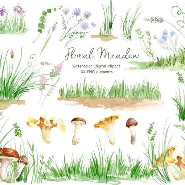 Watercolor Green grass clipart, meadow flowers PNG, Summer Greenery herbs, Watercolour Grass Borders clip art, watercolor tiny flowers