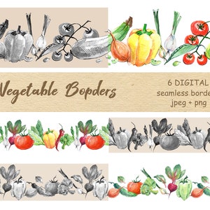 Watercolor vegetable clipart, seamless border, fall veggies arrangement, onion, tomato, pepper, cabbage, kitchen clipart