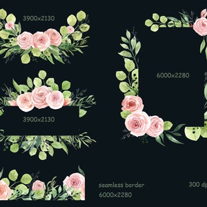 May include: A set of four watercolor floral borders featuring pink roses and green eucalyptus leaves. The borders are perfect for adding a touch of elegance to invitations, cards, and other paper crafts.