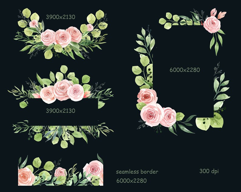May include: A set of four watercolor floral borders featuring pink roses and green eucalyptus leaves. The borders are perfect for adding a touch of elegance to invitations, cards, and other paper crafts.