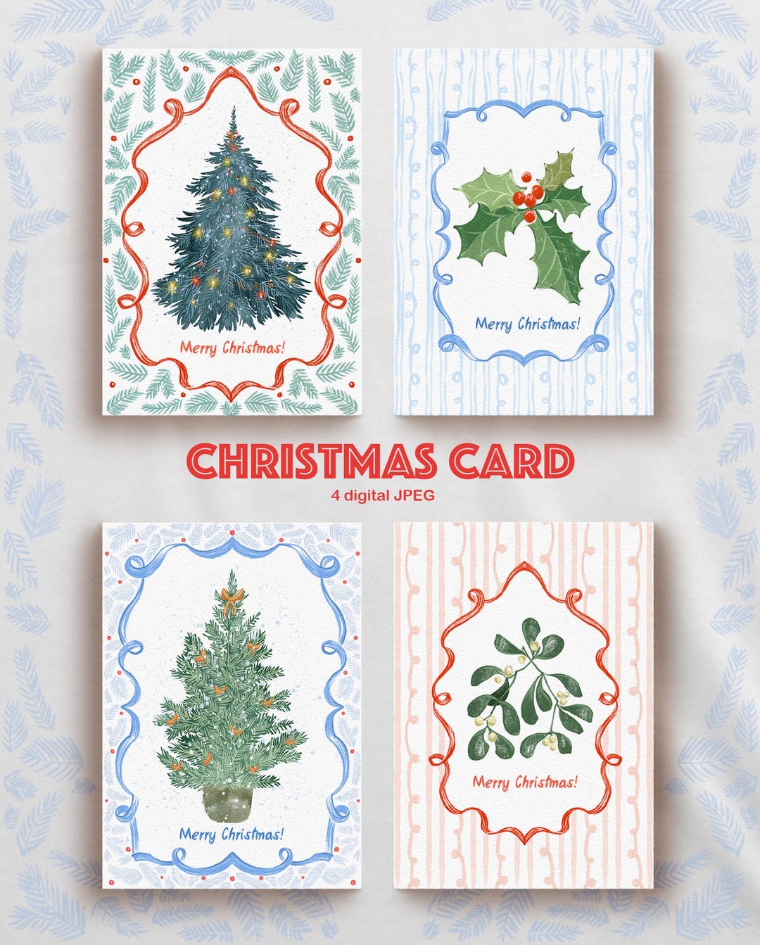 Watercolor Digital Christmas Cards, Christmas Tree Art, Printable ...