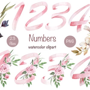 Watercolor Numbers Clipart. Monogram, floral numbers. Pink floral arrangement, digital individual PNG. Wedding Invitation. Baby Shower