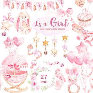 Es ist ein Mädchen Clipart, rosa Baby-Dusche-Aquarell png, hell rosa Kinder-Clipart, Kinderzimmer und Neugeborene Baby-Elemente, Geschlecht enthüllen Party PNG