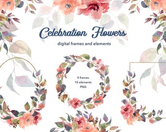 Watercolor Floral Frames and Borders. Blush abstract floral clipart.Wedding, birthday invitations. Summer colourful leaves and pink flowers.
