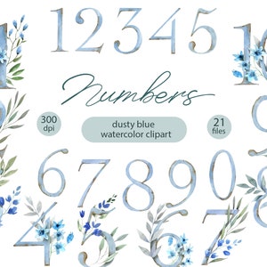 Clipart de número floral aquarela. Clipart floral azul empoeirado e números. Número digital de casamento. Para cartão de aniversário. Clipart de símbolos azuis