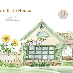 Clipart de casa de madeira em aquarela. Casa de campo de verão com girassóis. Casa de campo, plantas de jardim. Design de logotipo para casa. Doce lar.