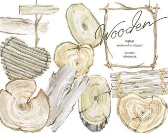 Könnte beinhalten: Aquarell-Digital-Clipart mit verschiedenen Holzelementen. Enthält Holzscheiben, ein herzförmiges Design, ein Wegweiser, einen Rahmen aus Zweigen und Holzstücke mit genähten Details. Der Text "Wooden" und "digital watercolor clipart" sind ebenfalls vorhanden.