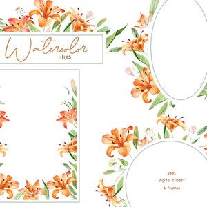 Watercolor Lilies Arrangement png clipart, Floral Digital Frames, Spring floral clipart, Lilies PNG, Wreaths, Frames, Wedding Clipart
