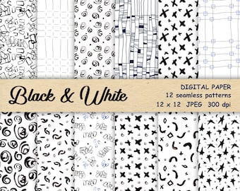 Papel transparente digital en blanco y negro. Paquete de patrones sin fisuras de fideos. Papel de álbum de recortes digital. Patrones escandinavos simples dibujados a mano