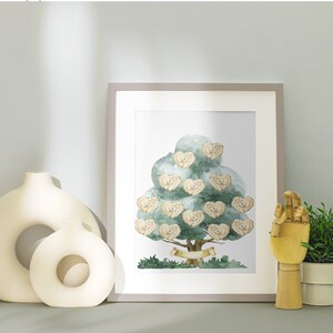 May include: A watercolour print of a tree with heart-shaped leaves. The tree is surrounded by a green border and a white banner with the text "Our Family Tree".