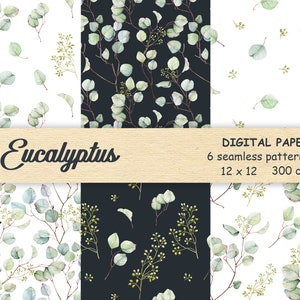 Watercolor Eucalyptus Digital Paper, greenery seamless pattern, for scrapbook paper, Fabric Background, Printable