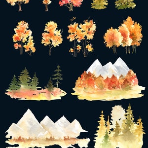 Op de afbeelding: Waterverf illustraties van herfstbomen, bergen en gras. De bomen zijn in tinten oranje, geel en rood. De bergen zijn wit met een lichtblauwe lucht. Het gras is groen.