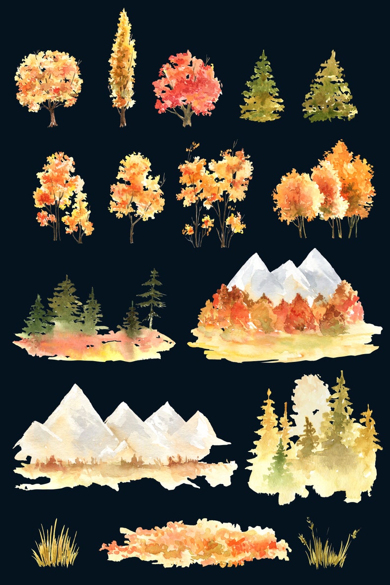 Op de afbeelding: Waterverf illustraties van herfstbomen, bergen en gras. De bomen zijn in tinten oranje, geel en rood. De bergen zijn wit met een lichtblauwe lucht. Het gras is groen.