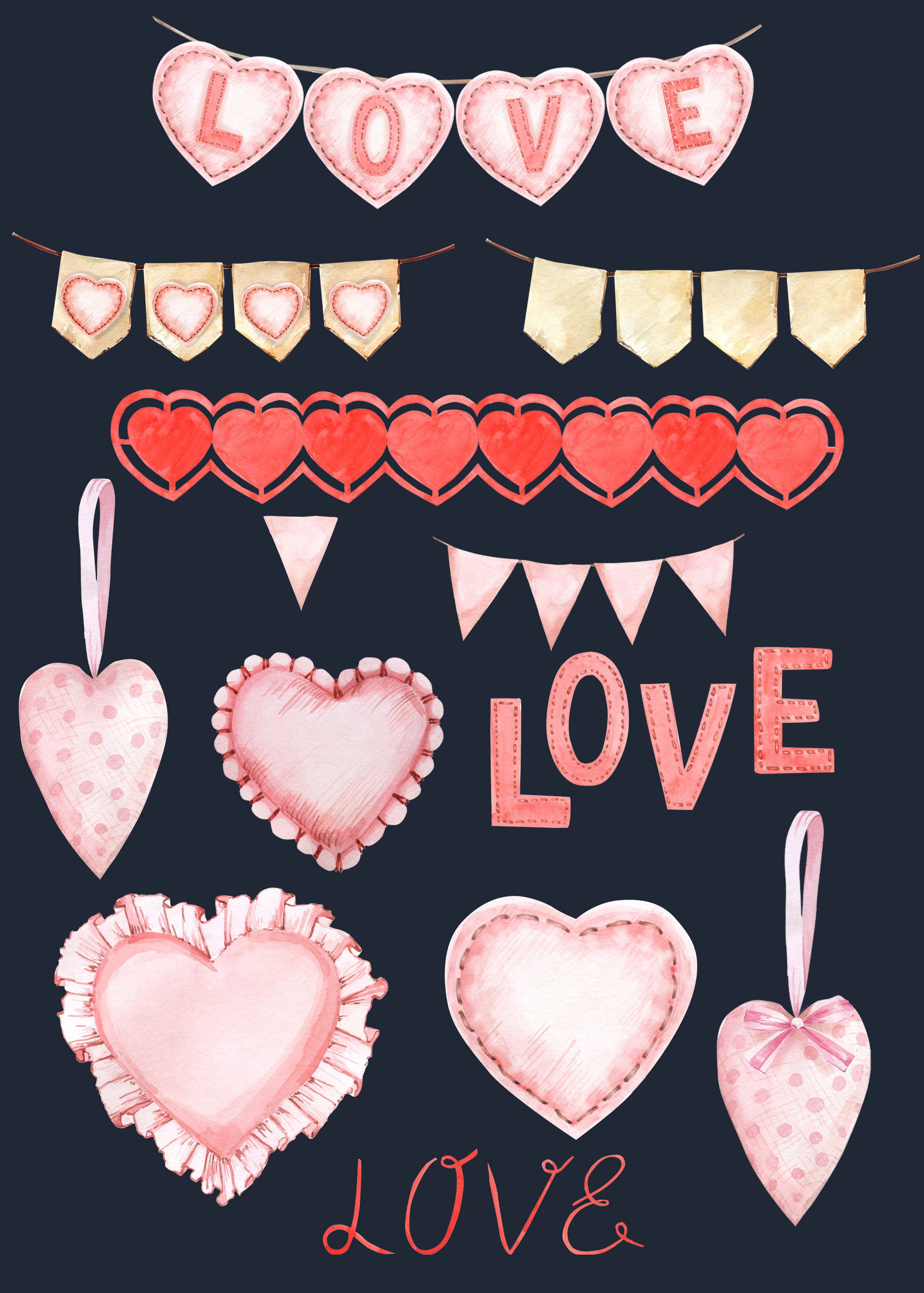 Watercolor Valentine's Day Clipart Red Heart Garland - Etsy
