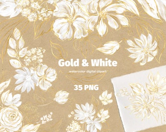 Watercolor White & Gold Flowers Clip Art. Neutral Floral Clipart, White Flowers Wreath, Bouquets and Borders. Minimalist Botanical Line Art