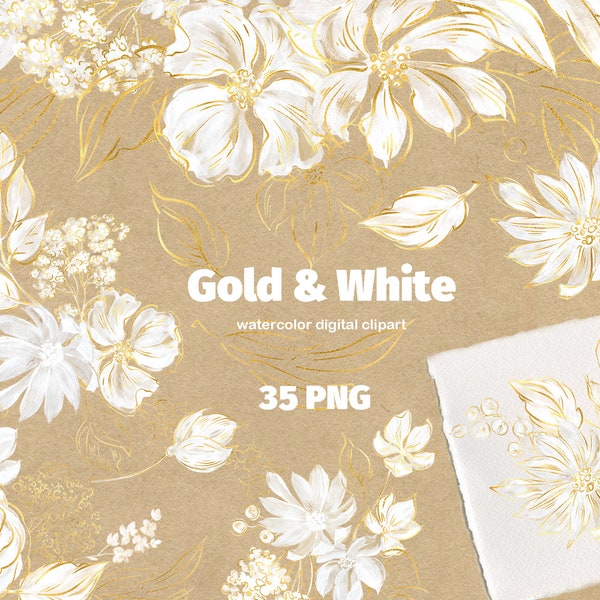 Aquarell Weiß & Gold Blumen ClipArt. Neutrale Blumencliparts, weiße Blumenkränze, Blumensträuße und Bordüren. Minimalistische botanische Linienkunst