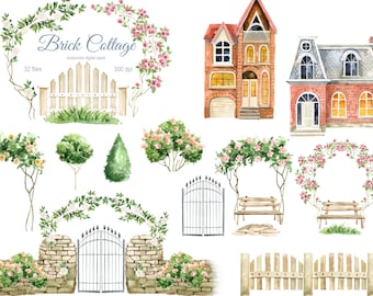 Watercolor Cottage Clipart, Sweet home,  Brick House drawing, gardening clipart, Cute Houses PNG, Spring buildings, fence, trees, of a logo