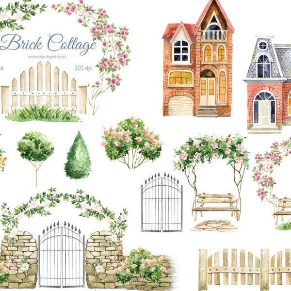 Watercolor Cottage Clipart, Sweet home,  Brick House drawing, gardening clipart, Cute Houses PNG, Spring buildings, fence, trees, of a logo