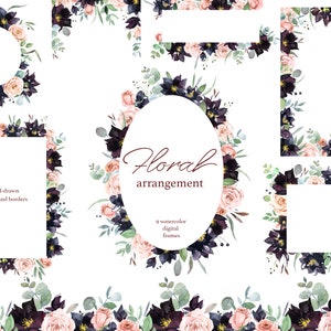 Clipart de cadre floral foncé de Bourgogne, fleurs violettes, bordure florale aquarelle, couronne florale numérique, clipart de mariage, printemps été automne