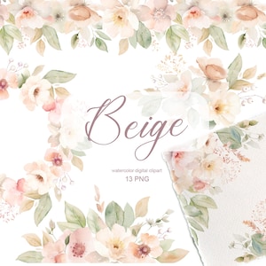Cadre et bordures florales neutres aquarelles, fleurs neutres douces, bordures d'angle crème ivoire beige, arrangement floral de mariage PNG,