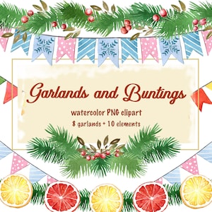 Watercolor borders clipart festive garlands, watercolor bunting banner, christmas garland clipart, birthday flag