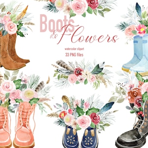 Clipart de botas e flores em aquarela, clipart floral estilo boho, rosa rosa, penas, clipart floral, botas de borracha, clipart de botas ocidentais,