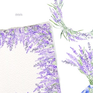 May include: A watercolor illustration of lavender flowers arranged in a wreath and a bouquet. The flowers are a light purple color with green stems. The background is white.