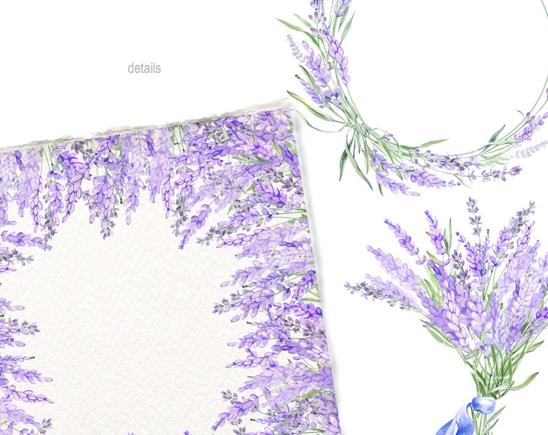 May include: A watercolor illustration of lavender flowers arranged in a wreath and a bouquet. The flowers are a light purple color with green stems. The background is white.