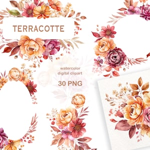 Clipart floral de terracota boho, ramos y coronas florales neutros naranjas y marrones, flores de acuarela rojas y ruboradas PNG, boda floral