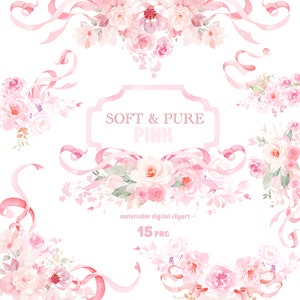 Aquarell Band und Blumenrahmen, Bordüren, Blumensträuße, rosa Blumenstrauß, Band Clipart für Babyparty, Hochzeit, Ostern, erster Geburtstag