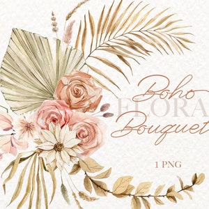 Aquarelle boho rose Bouquet. Aquarelle Bouquet Tropical. Clipart de fleurs séchées. Boho Mariage PNG. Feuille séchée boho. Arrangement de mariage