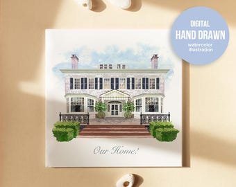 Our First Home Watercolor Illustration, Custom House Portrait, Hand-Drawn Venue Illustration, Printable Housewarming Gift, First Date Venue