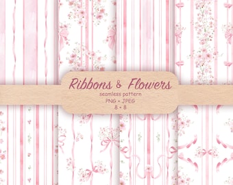 Pink Coquette Bow Patterns, Ribbon Bows and Tiny flowers, Baby Shower, Digital Scrapbooking, Floral Fabric Print, Nursery Wallpaper