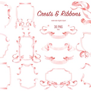 Watercolor pink crest frames and ribbons, Frames, Borders, Ribbon Banner Clipart for baby shower, Wedding, Label Frames, Monogram, easter