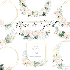 Coroa de rosas brancas em aquarela, Moldura geométrica floral e dourada PNG, Flores para casamento no inverno, Clipart de rosas marfim, Flores em aquarela, Noiva